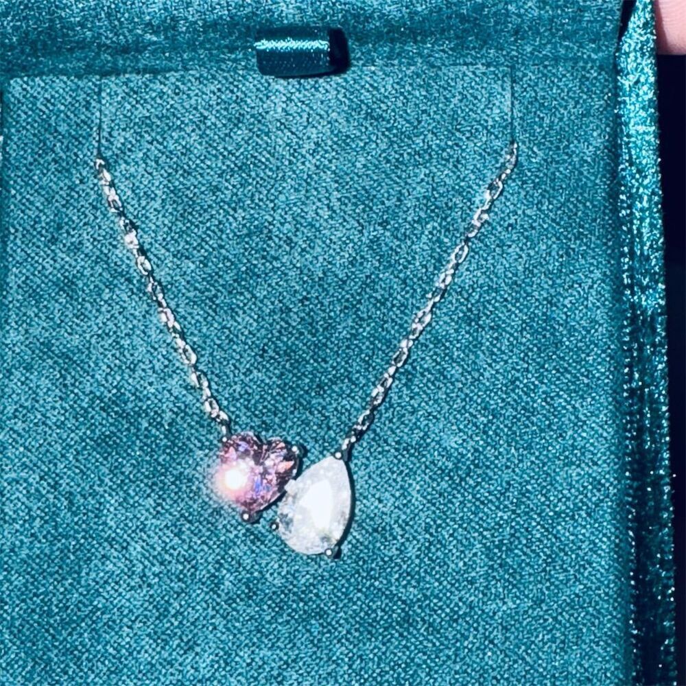 Pink Heart White Pear-Shaped Cubic Zirconia You & Me Necklace in Sterling Silver - Picture 5 of 16